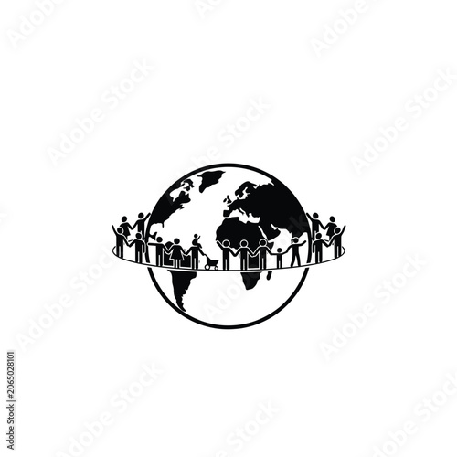 People Around Globe Silhouette On White Background Minimalist Illustration
