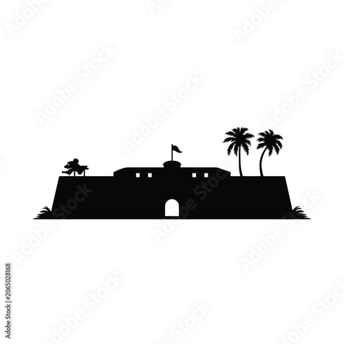 Black Silhouette Vector Icon Of Fort With Palm Trees And Cannon