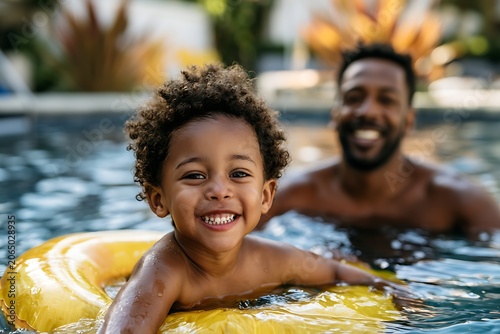 Happy biracial father and little son smiling together in a swimming pool with a yellow inflatable ring during summer vacation