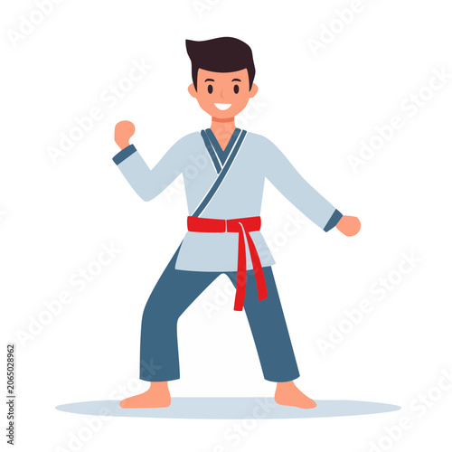 Karate man in fighting stance, flat design illustration