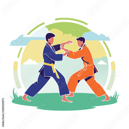 Karate fighters in action, flat vector illustration