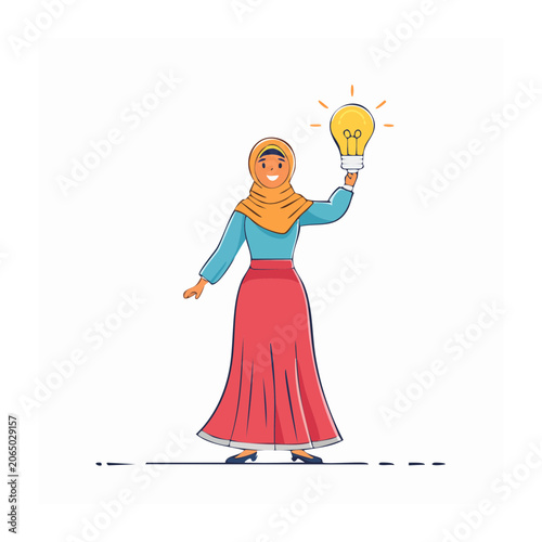 Woman in hijab holding light bulb illustration