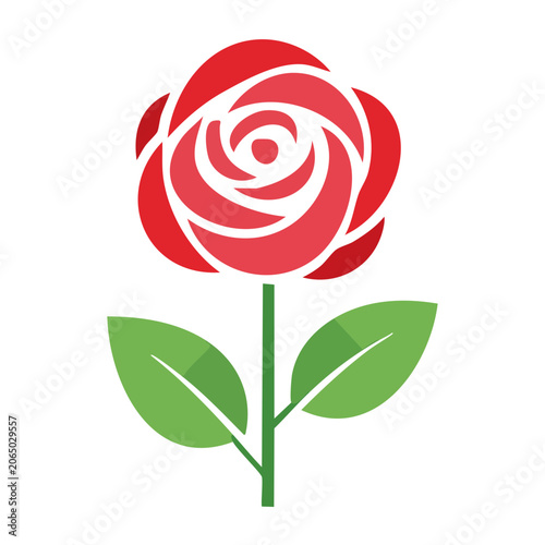 Red rose icon with green leaves on transparent background