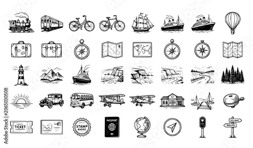 Vintage Travel Icon Set with Ships Train Bicycle and Scenic Landscape Illustrations