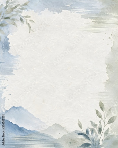 Botanical Watercolor Paper Texture Background With Leaves
