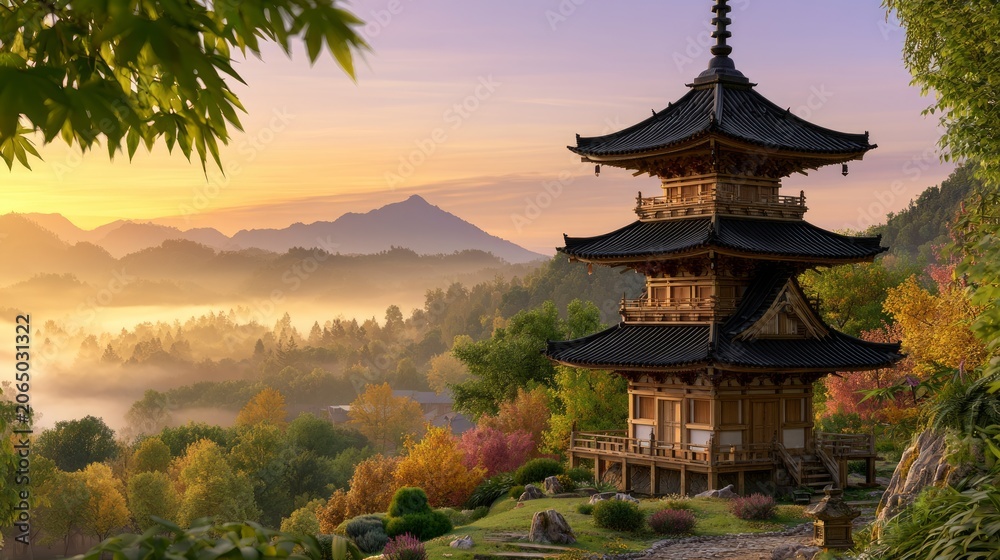 Obraz premium Serene Pagoda Rising Among Misty Hills at Dawn, Capturing Heritage Arc