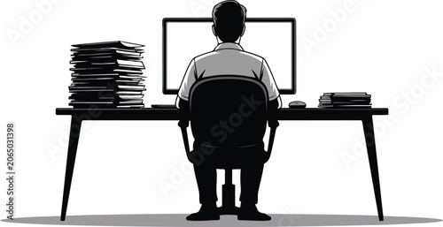 Konstfotografi Rear view of a man working on a desktop computer with large stacks of documents