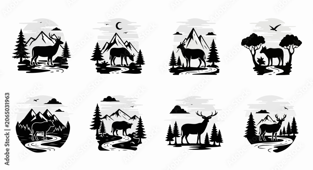 Obraz premium Deer Silhouettes Mountain Forest Scenes.