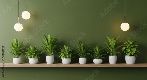 Green potted plants on wooden shelf against dark green wall