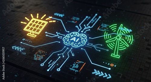AI brain controlling solar and wind energy on digital circuit