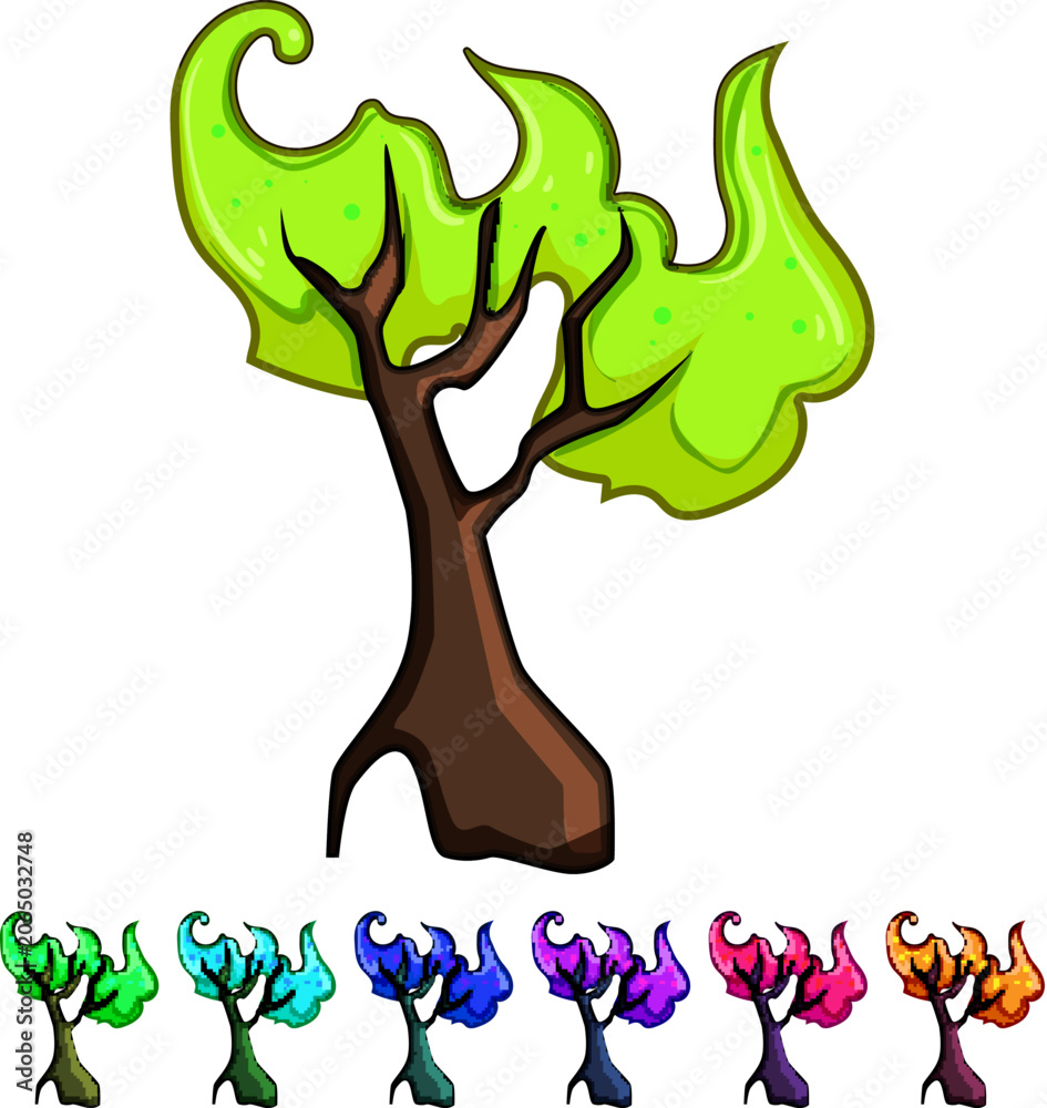 Naklejka premium Stylized fantasy tree with dark trunk and branches featuring wavy, glowing orange foliage and bright yellow speckles, symbolizing enchantment and whimsical nature