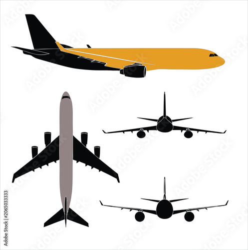 Aircraft illustrations vector set of different angles and perspectives isolated on a background.