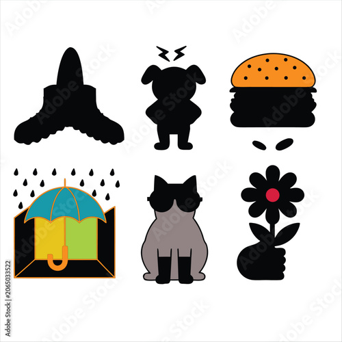 Funny icons set of dog, cat, umbrella, burger, boots and flower on transparent background.