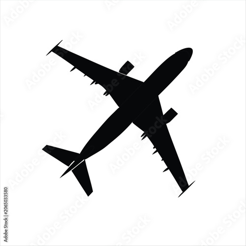Silhouette of airplane from top view isolated on gray transparent background.