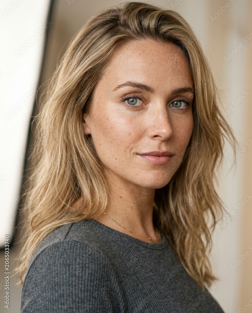 Fototapeta premium Woman looks directly at camera with calm expression in indoor setting