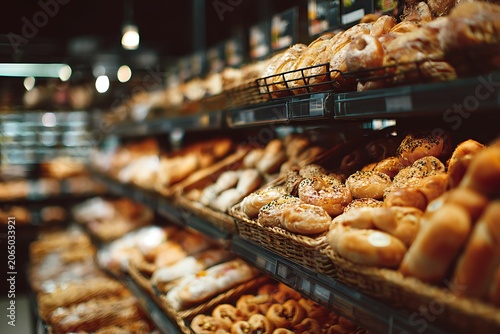 close up view of freshly baked bakery in hypermarket