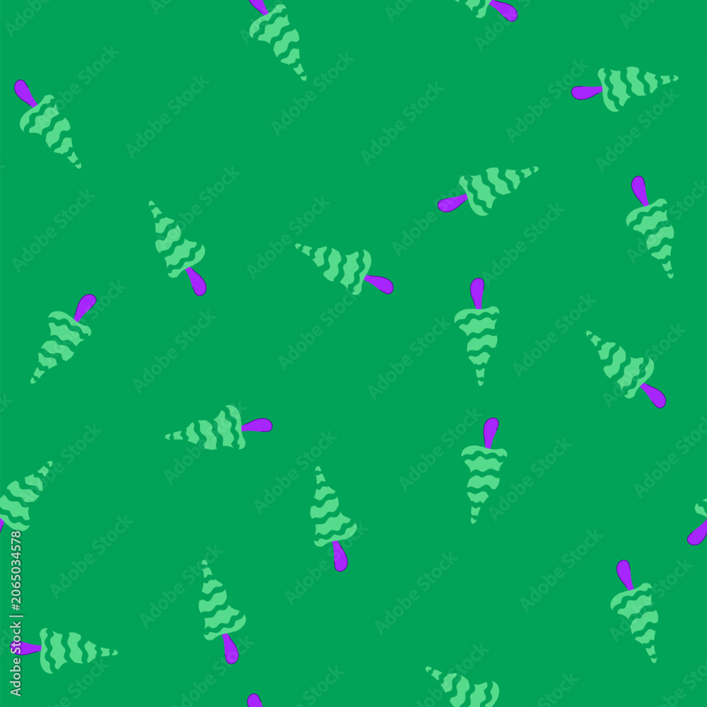 Naklejka premium pattern stylized abstract mushroom featuring a wavy green cap with darker stripes and a vibrant purple stem, creating a playful, psychedelic, and retro cartoon aesthetic