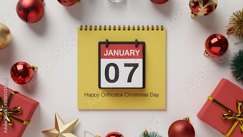 Orthodox christmas day calendar reminder with festive decorations and holiday celebration concept