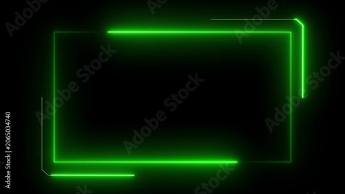 Abstract glowing neon square rectangle live stream layout animation seamless looping, green animated neon line border picture frame movement, neon rectangular box frame concert wall moving on black 
