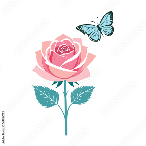 Pink rose with blue butterfly flat illustration