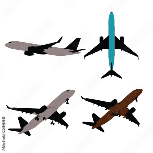 Collection of four commercial airplanes in different flight poses and color schemes design.