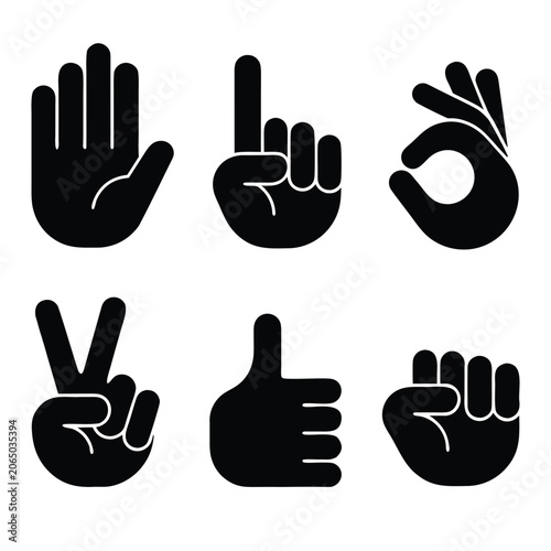Set of human hand gestures icons black silhouettes showing various signs on transparent bg.