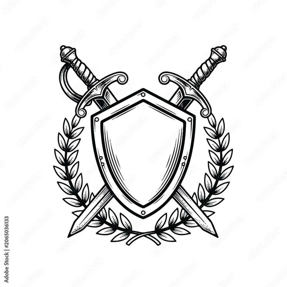 Obraz premium Swords Crossed Behind Shield Emblem.