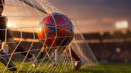 Soccer ball in goal net at sunset with player legs and stadium lights blurred background