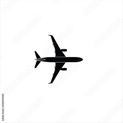 Top down silhouette of airplane on transparent background, transportation and travel.