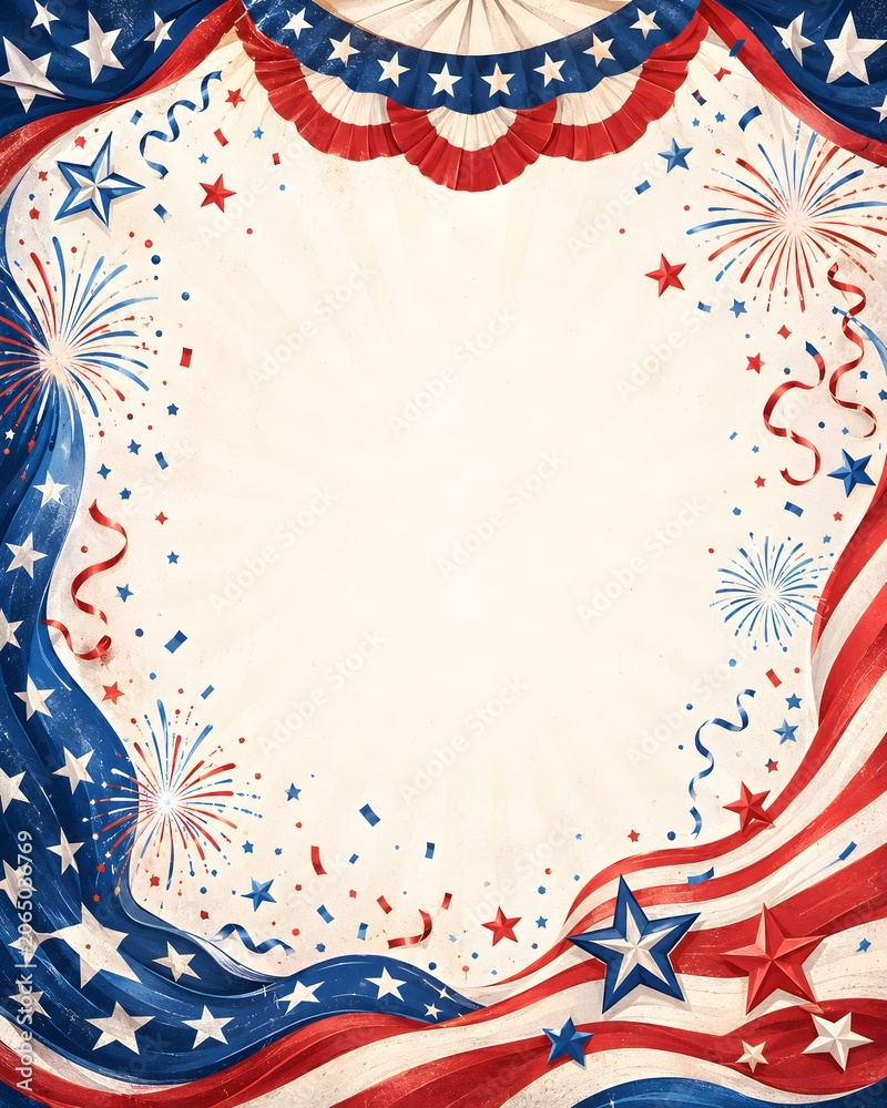 Fototapeta premium Patriotic American flag border with fireworks and stars, festive fourth of July background, red white and blue celebratory frame for national holidays