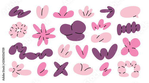 Bright set of retro futuristic abstract geometric shapes, forms and figures. Hand drawn volumetric elements in Y2K style with outlines for design. Clouds, bubbles, volumetric objects in pink shades.