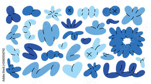 Bright set of retro futuristic abstract geometric shapes, forms and figures. Hand drawn volumetric elements in Y2K style with outlines for design. Clouds, bubbles, volumetric objects in blue shades. 