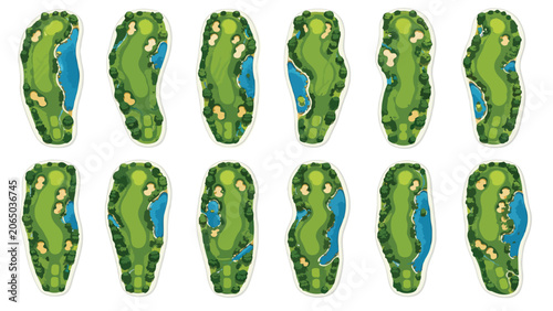 Golf course map icons set, 12 vector hole layouts with green fairways and water hazards, professional sports club graphics
