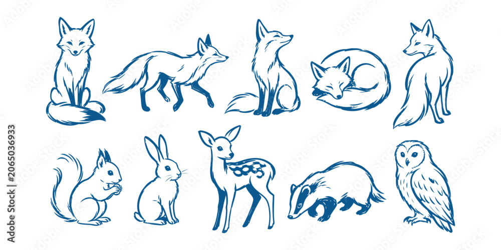 Fototapeta premium forest animals and wild woodland creatures doodle icon set with fox squirrel rabbit deer badger and owl vector illustration
