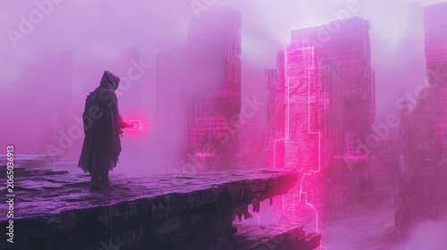 Mysterious figure in a hooded cloak with glowing object