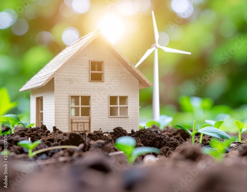 Conceptual image of a sustainable wooden home with a wind turbine model and young green saplings growing in soil under bright sunlight