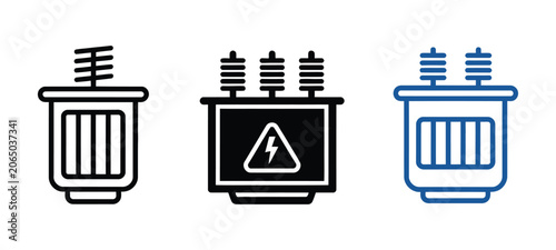 Power transformer icon set representing electricity distribution, industrial substations, energy infrastructure, and high-voltage utility engineering concepts.