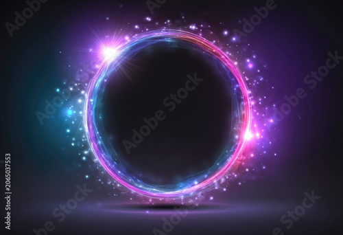 Circular neon frame with glowing particles