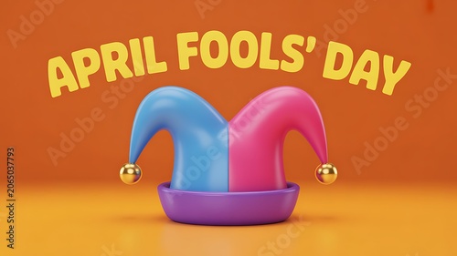 Happy april fools day banner with colorful jester hat on orange background
