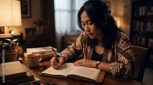 Cinematic shot of a focused Asian woman writing down her dreams in a leather journal, her pen moving decisively with a feeling of purpose at a cozy desk under warm lamp lighting.