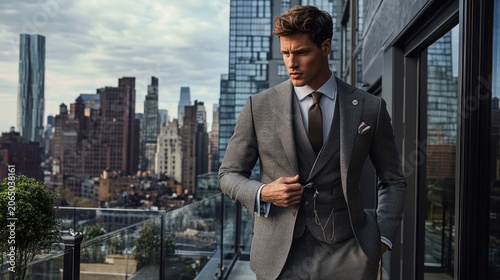 Man in suit on rooftop with city view