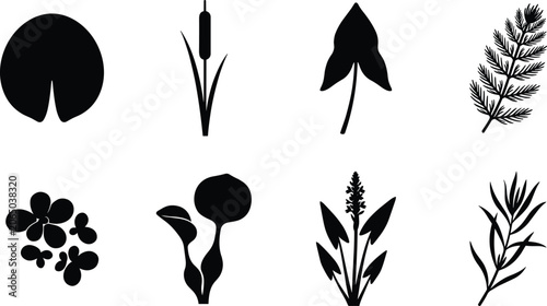 Tableau sur toile Aquatic Plant Silhouettes Set Featuring Lily Pad, Cattail, Duckweed, and Water H