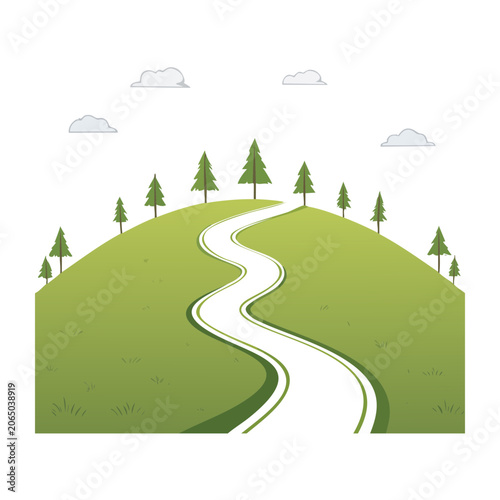 Winding road through green hills with trees and clouds