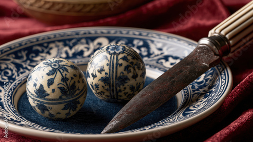Ceremonial Knife on Porcelain Plate Against Crimson Velvet in Studio Still Life