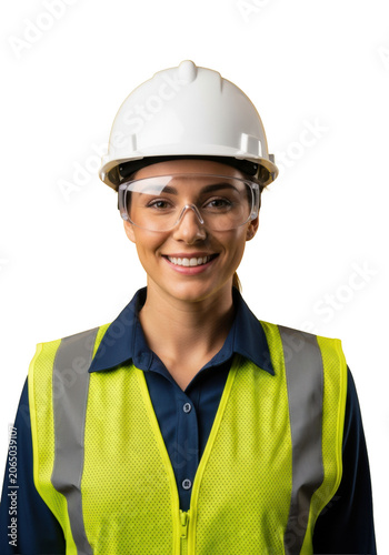 a professional young woman wearing a white hard hat, clear safety goggles, and reflective yellow vest, smiling confidently in a studio headshot against a vibrant yellow backdrop, concept of