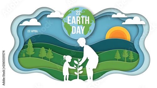 Happy earth day paper cut illustration with family planting trees and environmental conservation
