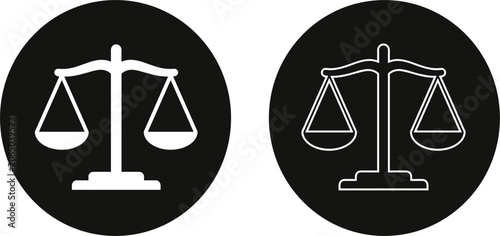 Scales of justice law vector icons set featuring legal court balance outline and solid circle variations