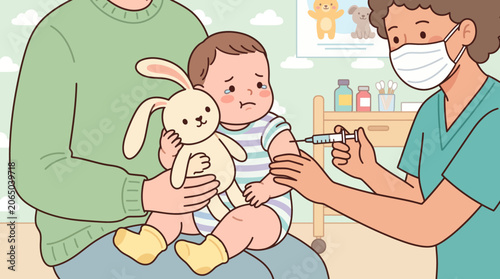 A baby getting a vaccination from a nurse.