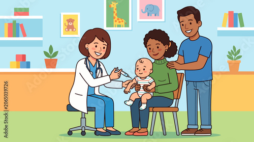 Family visiting doctor's office for baby's vaccination.