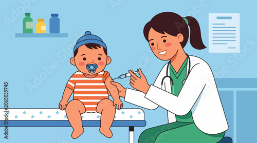 A female doctor giving a baby a checkup.